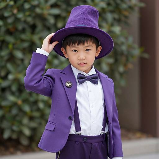 Photograph of an Asian toddler in a purple suit, bow tie, and matching top hat, adjusting the hat with a serious expression, against a blurred