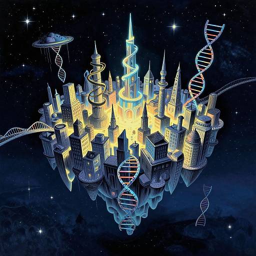 Digital art of a glowing, spiral-shaped city with DNA helices floating around, set against a starry, dark space background.