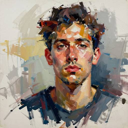 Impressionistic digital painting of a young man with curly brown hair, fair skin, and serious expression, using bold, expressive brushstrokes in vibrant