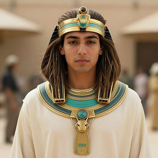 Photograph of a young man with long brown hair, wearing an Egyptian-style headdress and white robe with gold and turquoise jewelry.