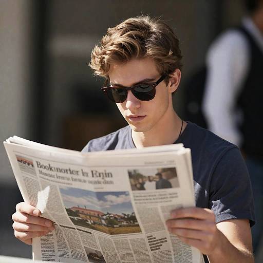 Focused Young Man with Sunglasses and Newspaper