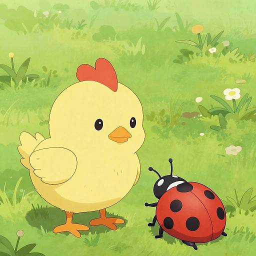 Digital drawing of a cute yellow chick with a red comb and orange beak standing next to a red and black spotted ladybug on bright green grass.