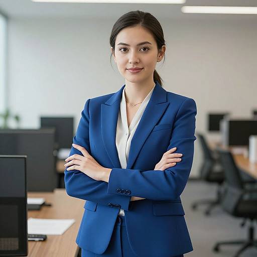 Photograph of a young Asian woman with dark hair in a ponytail, wearing a blue blazer and white shirt, standing in a modern office with