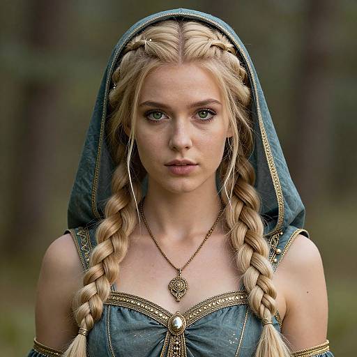 Photograph of a blonde woman with braided hair, wearing a blue hooded dress with gold trim, forest background, intense gaze.