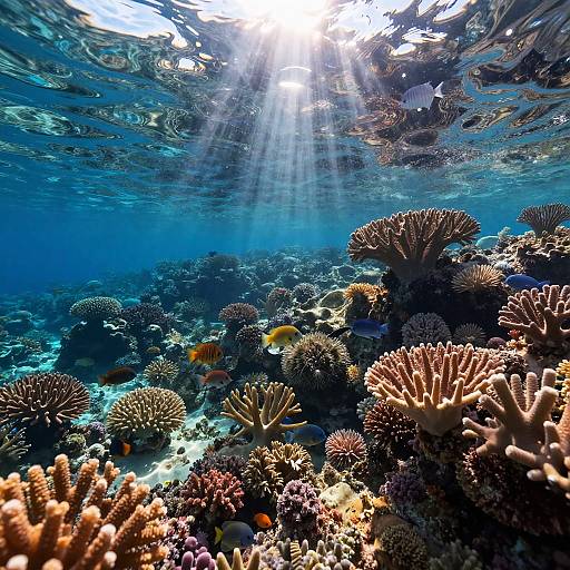 Photograph of vibrant underwater coral reef with sun rays penetrating the blue water, surrounded by diverse corals and small fish.