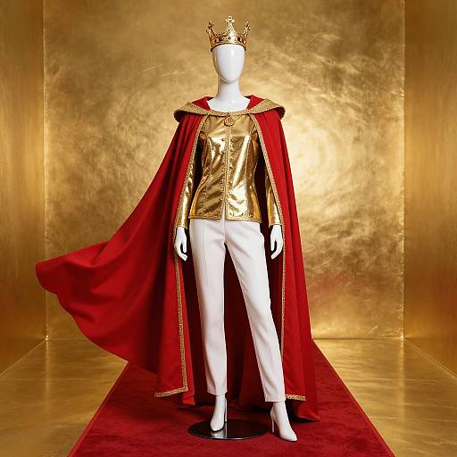 Photograph of a white mannequin wearing a gold shirt, white pants, red velvet cape, and gold crown, standing on a red carpet against