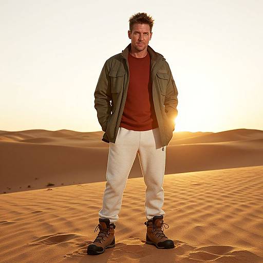 Photograph of a man standing in a desert at sunset, wearing an olive green jacket, red shirt, white pants, and brown boots. Sunlight