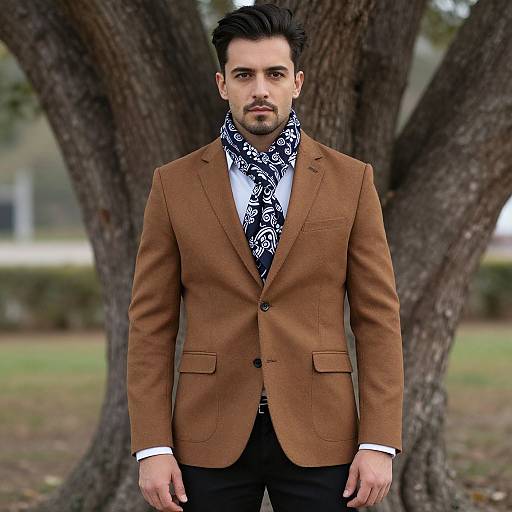 Photograph of a handsome man with dark hair and stubble, wearing a brown blazer, white shirt, black pants, and a black and white