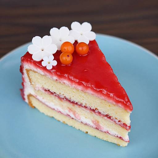 Photograph of a vibrant red, layered cheesecake slice on a light blue plate, topped with white whipped cream, small white flowers, and three bright