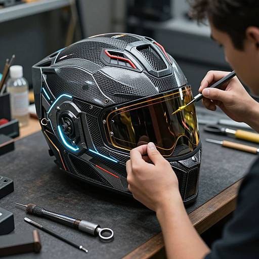 Photograph of a skilled craftsman painting intricate neon blue and red lines on a black, mesh-patterned, futuristic motorcycle helmet.