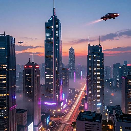 Digital artwork of a neon-lit, futuristic cityscape at dusk with towering skyscrapers, a flying car with a bright tail light, and glowing