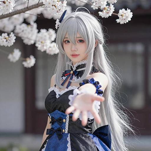 Anime-Style Cosplayer with Cherry Blossoms