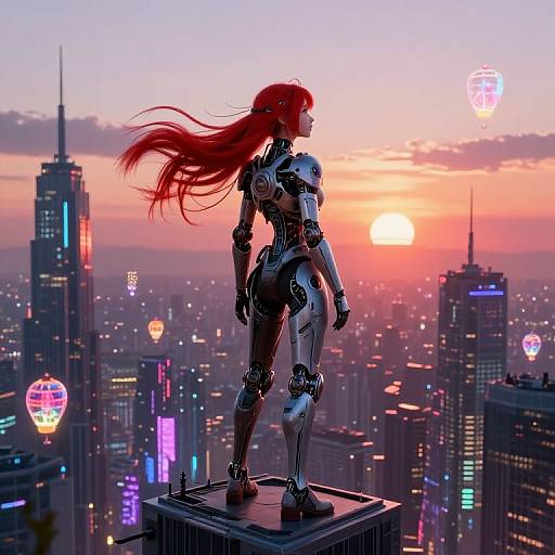 Cyborg woman with red hair stands on rooftop, overlooking neon-lit futuristic cityscape at sunset, with glowing orbs in the sky. Digital art.