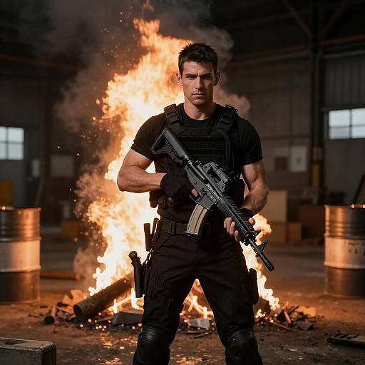 Muscular Tactical Operative in Warehouse Inferno