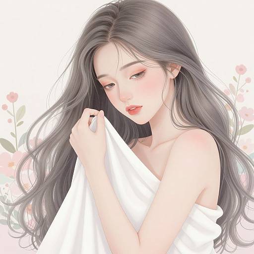Digital anime-style drawing of a beautiful woman with long, wavy black hair, holding a white cloth, soft pink flowers in the background.