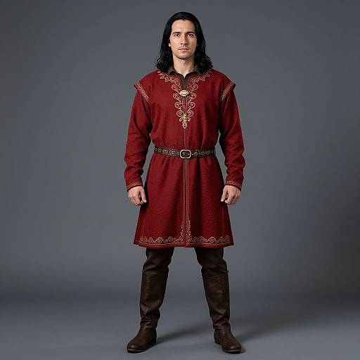Photograph of a man with long black hair, wearing a red medieval-style tunic with gold embroidery, black belt, brown pants, and boots,