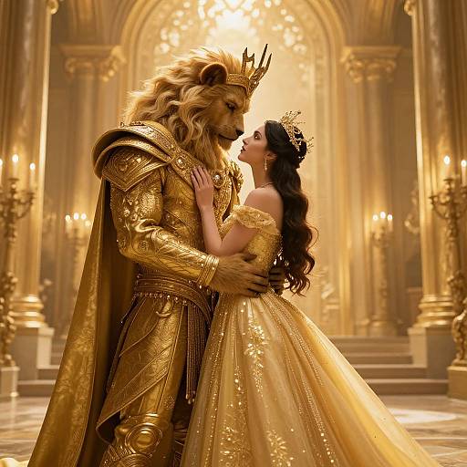 Epic fantasy photograph: A lion-man in golden armor and crown, embracing a princess in a shimmering gold gown, in a grand, illuminated cathedral