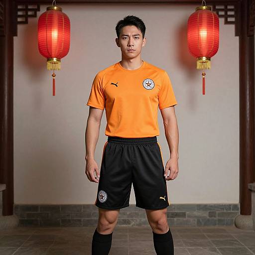 Photograph of an Asian male soccer player in orange jersey and black shorts, standing in front of two red lanterns.