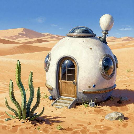 Photorealistic digital art of a white, dome-shaped, retro-futuristic desert hut with round windows, wooden door, and satellite dish, surrounded