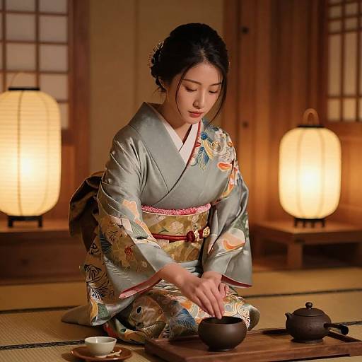 Photograph of a young Asian woman in a floral kimono, kneeling on a tatami mat, pouring tea by warm paper lanterns.