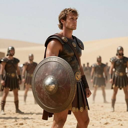 Warrior in Ancient Armor with Shield in Desert Arena