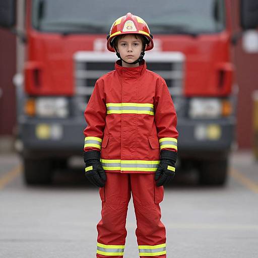 Photograph of a young boy in a red firefighter uniform and helmet standing in front of a red fire truck. Blurred background. Serious expression. Day