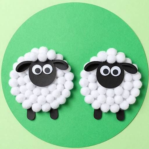 Photograph of two black-and-white paper cut-out sheep with large eyes, fluffy white wool, and black faces, standing on green circular background.