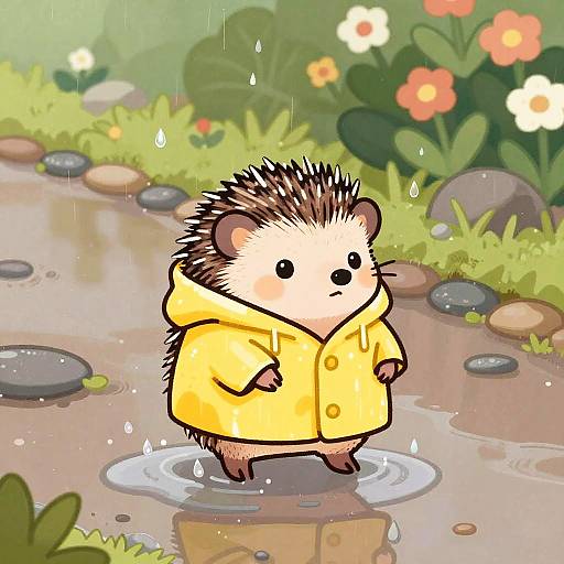 Cute Hedgehog in Yellow Raincoat Splashing in Puddle
