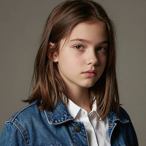 Photograph of a young Caucasian girl with fair skin, straight brown hair, wearing a denim jacket over a white shirt, against a gray background. She
