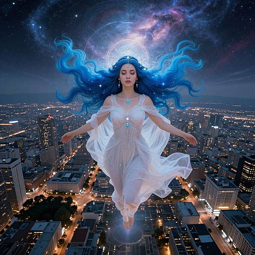 Digital artwork of a celestial woman with blue hair, white dress, floating above a city at night, surrounded by stars and a glowing moon.