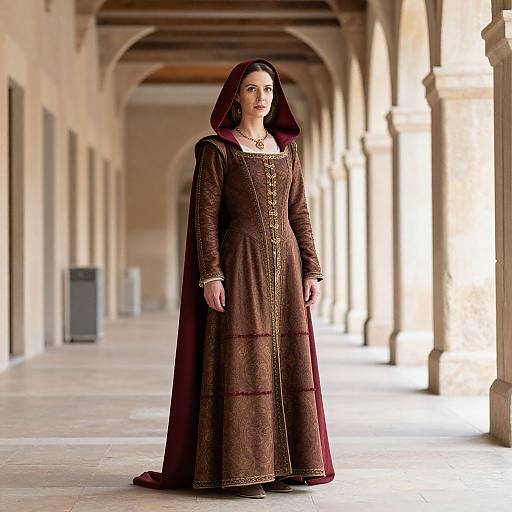 Photograph of a woman in an elegant, long brown and maroon embroidered traditional dress with a veil, standing in a sunlit, arched corridor