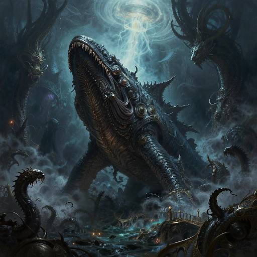 Abyssal Leviathan in Bioluminescent Fog