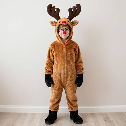 Photograph of a young child wearing a brown reindeer onesie with antlers, red nose, black gloves, and black boots, standing against a