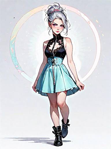 Stylish Woman in Black Lace Top and Blue Skirt