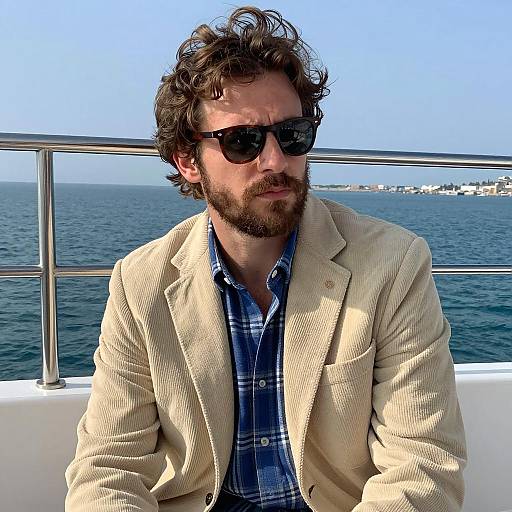 Man in Beige Blazer on Boat with Ocean Background