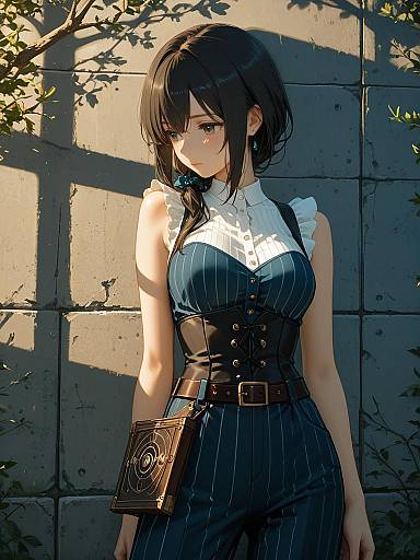 Anime Woman in Pinstriped Jumpsuit