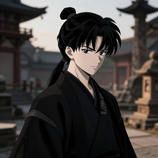 Anime-style digital drawing of a serious, black-haired male samurai with a bun, wearing a dark kimono, in a traditional Japanese courtyard.