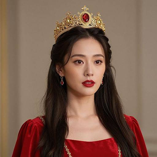 Photograph of an East Asian woman with long black hair, wearing a gold crown with a red gem, red velvet dress, and red earrings, looking