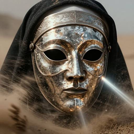 Photograph of a reflective silver mask with intricate patterns, black hood, and desert background, with a bright light beam hitting the mask.