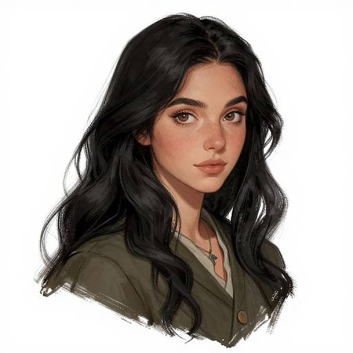 Digital illustration of a young woman with long, wavy black hair, large brown eyes, fair skin, and a green shirt, set against a white