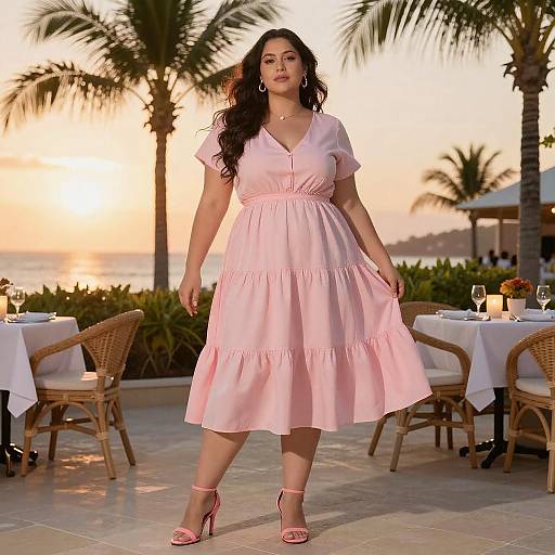 Photograph of a curvy woman with long black hair in a pink, short-sleeved, tiered dress and pink heels, standing on a