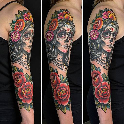 Photograph of a woman's upper arm tattoo featuring a colorful Day of the Dead skull adorned with flowers, surrounded by vibrant roses and green leaves.