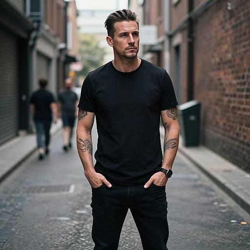 Photograph of a muscular man with short dark hair, black t-shirt, black pants, and tattoos on both arms, standing confidently on a narrow urban