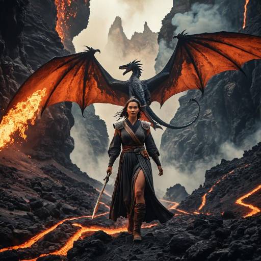 Female Nomad with Wyvern in Volcanic Canyon