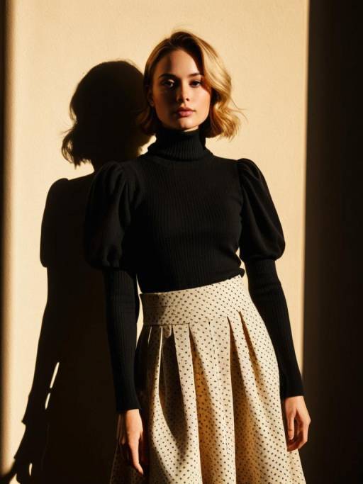 Chic Woman in Black Turtleneck and Polka Dot Culottes