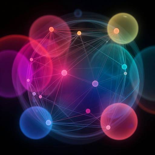 Digital art: Vibrant, multicolored spheres with glowing neon lines connect in a complex network against a dark, starry background.