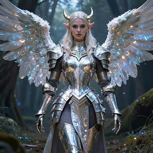 Digital fantasy artwork of a blonde elf woman with white wings, horns, and silver armor, standing in a dark forest.