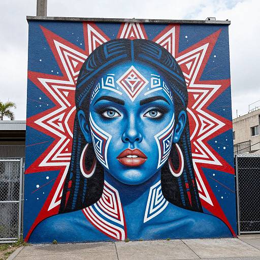Vibrant street mural of a blue-skinned, black-haired woman with red lips, white geometric patterns, and red starburst background. Urban setting
