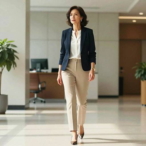 Photograph of a confident woman with short, dark hair, wearing a navy blazer, white blouse, and beige pants, walking in a modern,