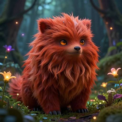 Digital artwork of a fluffy, red-furred, anime-style fox with large, glowing orange eyes, standing in a magical forest with glowing flowers and soft